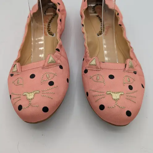 Charlotte Olympia  Pink Satin Kitty Cat Ballet Flat Black Polka Dots 39.5 US 9.5