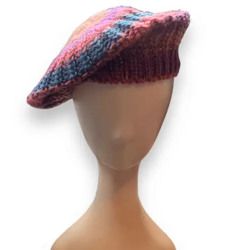 None Knit Beret Hat Coral Pink Orange Purple Blue Tonal Shades Warm Winter Essential
