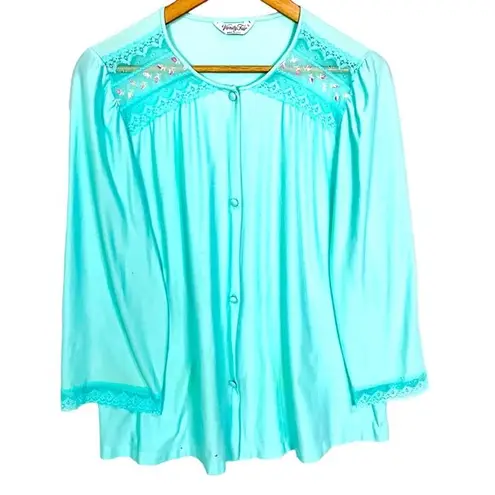Vanity Fair Vintage Mint Green Lingerie Pegnior Top Button Up L Lace Embroidered