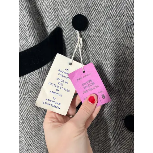 Vintage Deadstock Noble Fashions Wool Herringbone Maxi Pea Coat Sz 8 Velvet Trim Black