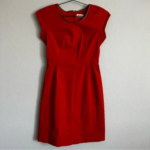 Bally Orange/Leather Trim Mid Length Dress. Size 6