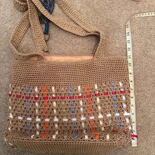 The Sak Y2K 90s Knit Crochet w/ Woven Ribbons Tan & Rainbow Purse.