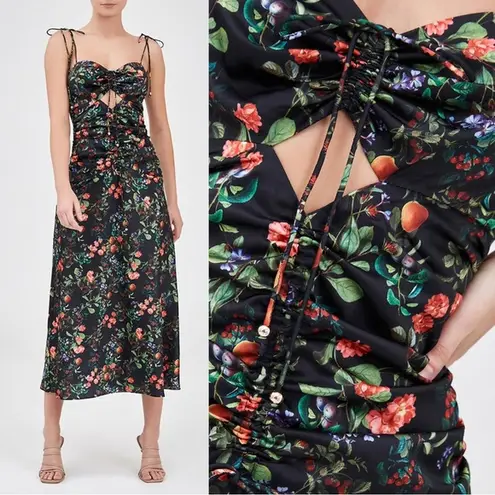 Finders Keepers • Nina Dress black floral satin ruched cut out slip cinched midi