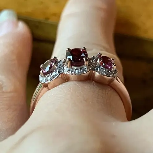 Natural Rubellite Moissanite Sterling Silver Trilogy Ring Size 6 Pink