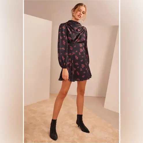 Keepsake Infinity Long Sleeve Satin Mini Dress Black with Pomegranate Ditsy Size Size XS