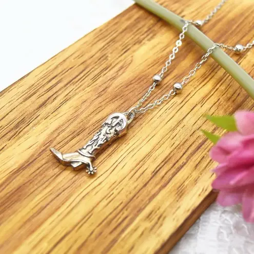Rustic Cowgirl Boot Pendant Necklace Silver