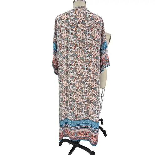 Kimono Style lightweight Floral Border Print BoHo coat full length Cotton O/S White Size undefined
