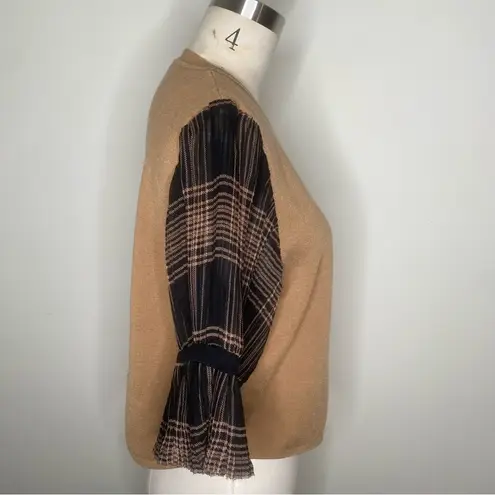 Chic Wool Blend Mixed Media Plaid Semi Sheer Micro Pleat Crew Neck Sweater Sz M Size M