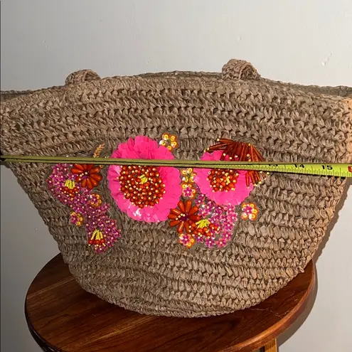 Floral Embellished Brown Woven Tote Bag beaded and bedazzled with floral accents