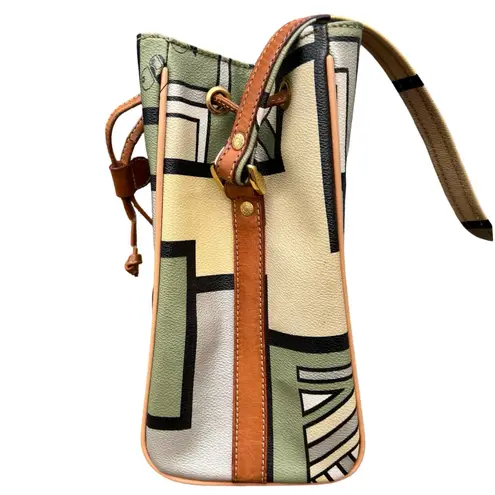 Double Fish 90s Leather Geometric Beige Green Silver Drawstring Shoulder Bag