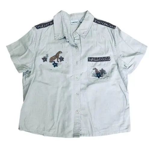 Cabin creek Vintage Safari Shirt Button Up Linen Blouse Animal Print Rhinestone