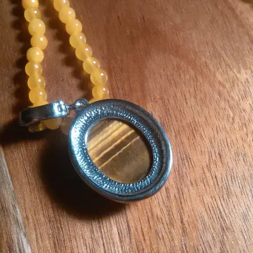 Tiger's Eye and Yellow Quartzite Beaded Stainless Steel Pendant Necklace