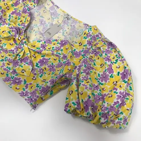 River Island floral Puffed Sleeve tie front crop top Yellow and Purple size 14