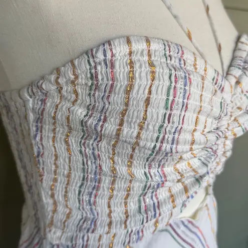 SUBOO “Giselle” Shirred Strapless Metallic Striped Midi Dress