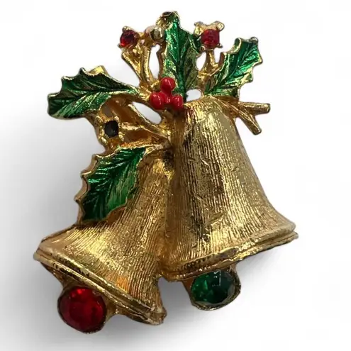 Vintage AVON Brooch Pins Set of 2 Holiday Christmas Tree Bells Gold Jewlery