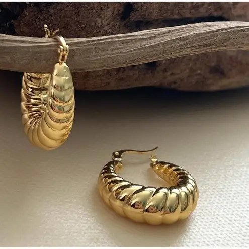 Gold Plated Twisted Creole Chunky Hoop Earrings Stainless Steel Womens Jewelry