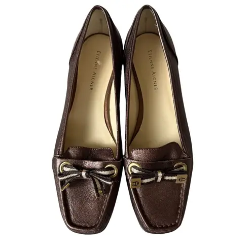 Etienne Aigner bronze metallic slip on loafers bow flats women's size 6 1/2M