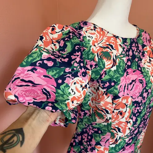 MELLODAY floral large puff sleeve round neck tie back mini dress pockets NWT XS