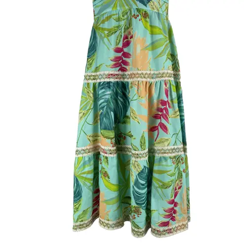 PatBO Tropicalia Leaf Print Jute Trim Midi Dress Islablue Green Size 4