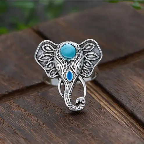 Bohemian Elephant Ring with Turquoise Accent Silver Plated Adjustable Open Band Silver