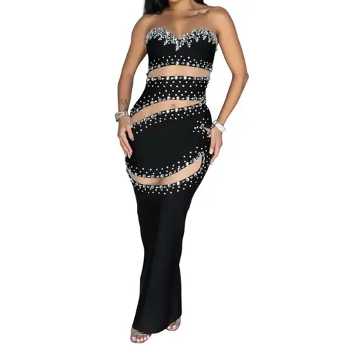 Women’s Strapless Mesh Paneled BodyCon Dress Silver Rhinestone Detail Size M NEW Black Size M