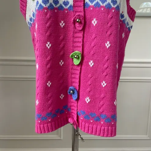 Quacker Factory Vintage Button Front Sweater Vest Novelty Mitten Knit Pink S