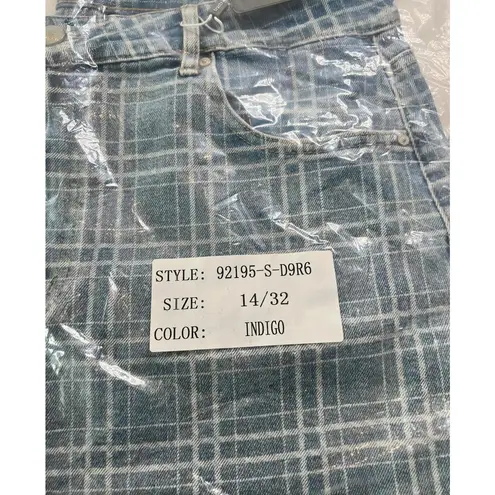 Tractr High Rise Plaid Denim Shorts 14/32 Blue