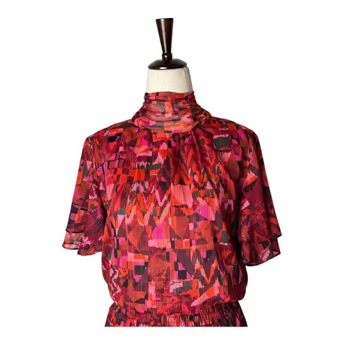 MISA Los Angeles Dress Women XS Red Flora Rosada Floral Saffie Tie Neck Mini