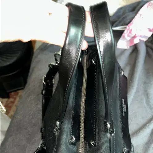 Olivia Harris Black Leather Duffel Bag with Modern Chain