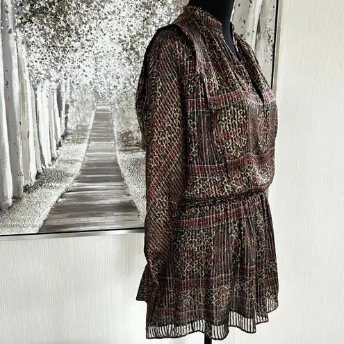 Frame Deep Moss Multi Silk Metallic Long Sleeve Smocked Waist Mini Dress - S/P