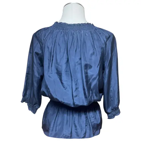 Eduardo Blanco 100% Silk Peasant Top Blue White Floral Embroidery XS