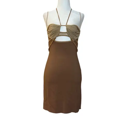 Nensi Dojaka Draped Double Bra Mini Dress in Caramel & Sable Small New Womens Brown