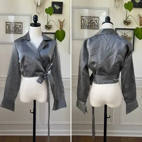 Vintage 80s 90s Le Château Metallic Silver Gunmetal Cropped Wrap Shirt M Size M