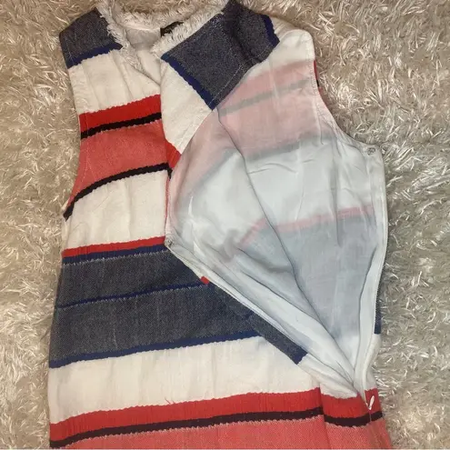 Chelsea & Theodore Woven Striped Fringe Trim Shift Dress 100% Cotton Size SP Blue