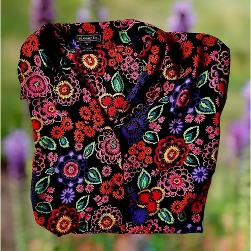 Elementz VTG  Blouse Woman 1X Black Floral Shirt Button Short Sleeves Psychedelic