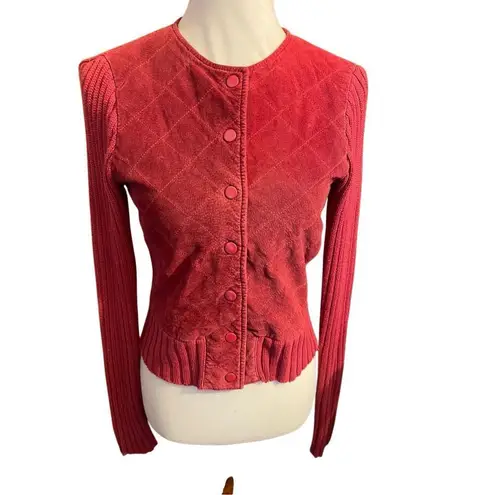 JOHN PAUL RICHARD Uniform Collection Women’s Small Leather & Knit Cardigan Sweat Red