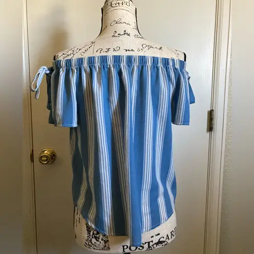 Lily White π Slate Blue with White Vertical Strips Off Shoulder Blouse #Bl