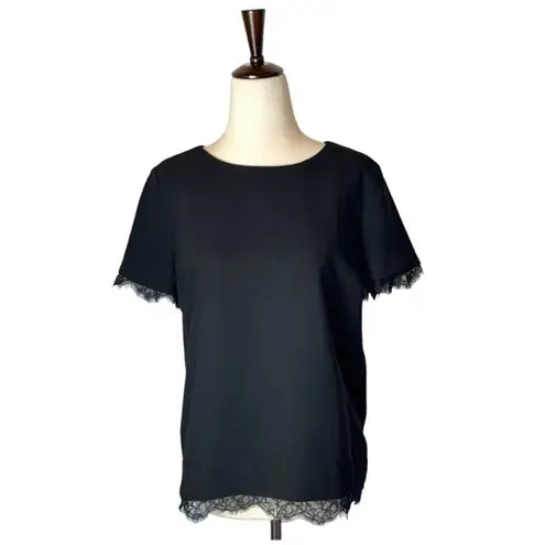 Sandro Black Crew Neck Short Sleeve Lace Trim Exposed Zipper Blouse Size 0