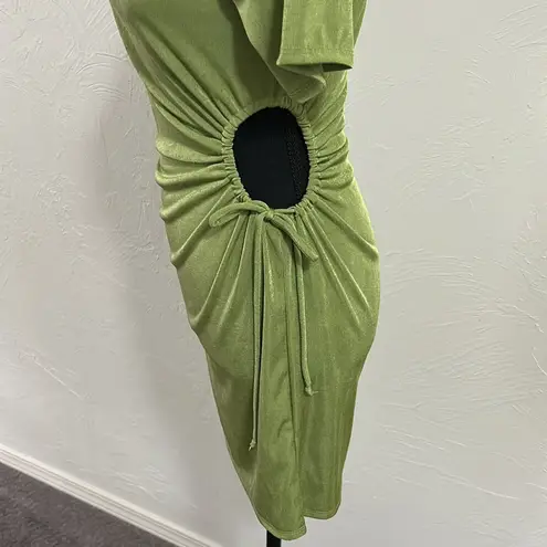 Know One Cares Green Shimmery Cinches Waist Cut Out & Tie Mini T-Shirt Dresss