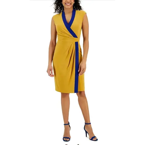 Kasper Womens Gold Colorblock Short Business Faux Wrap Dress XXL