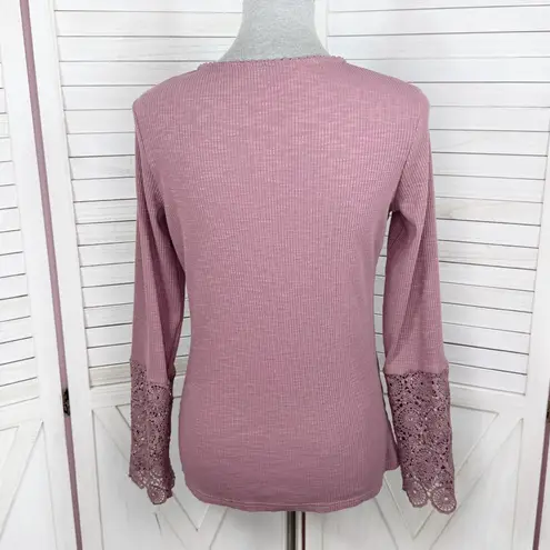 Ribbed Knit Lace Cuff Long Sleeve Henley Shirt Mauve Dusty Rose Size Large Purple