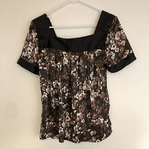 Apostrophe Brown Tan Coral Pink Floral Satin Square Neck Short Sleeve Blouse S