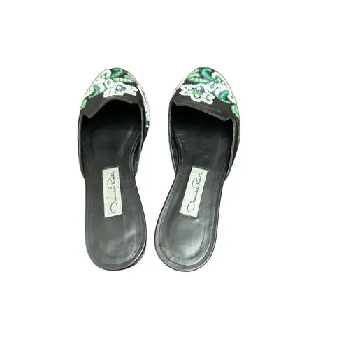 Oscar de la Renta Womens Black Canvas Bead Embroidered Mules Size 37