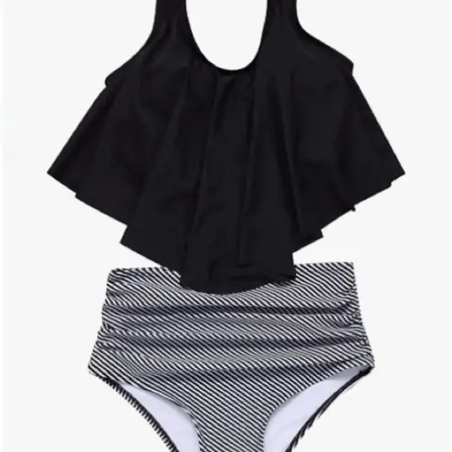 OMKAGI Flounce Bikini Top High Waisted Bottom XXL NWOT Black