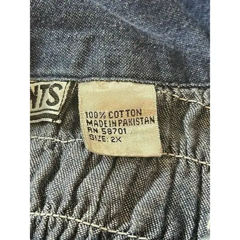 VTG Y2K 90s Blue Crinkle Denim Look Lace Up Shirt 2X Textured Stretch Top 2X