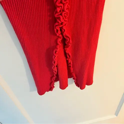 Find Me Now Ribbed Knit Ruffle Trim Retro Long Sleeve MIDI Length Sweater Small Red