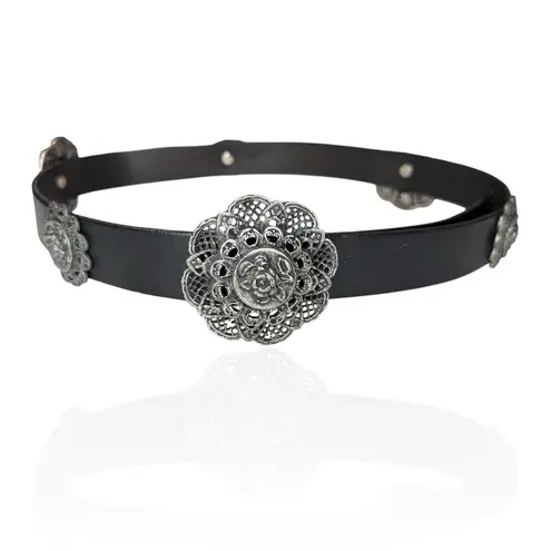 Vintage Leather Belt S Silver Filigree Floral Concho Medallion Made In Italy Black