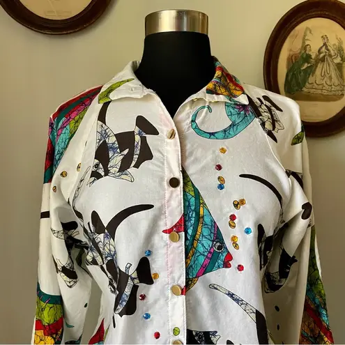 Vintage 1980s button down shirt with fish print & jewels