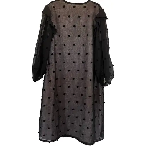 Manoush Black Tulle Polka Dot Long Sleeve Split Tie Neck Shift Maxi Dress sz 38