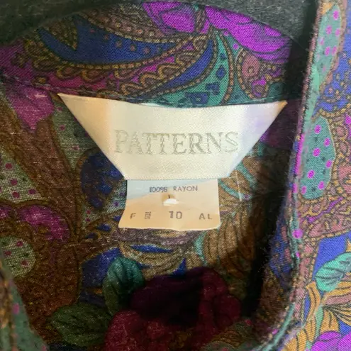 Vintage Dark Floral Brown Purple Blue Blouse Gold Buttons Sz Medium